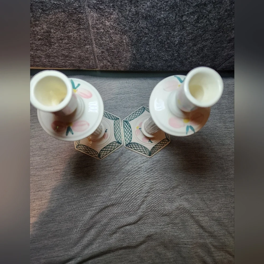 Signed Hand-Painted Ceramic Candlesticks Pink Green Flowers Lattice Design 12
